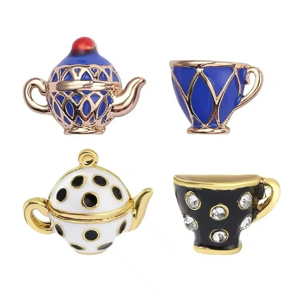 Alice In Wonderland Gold Enameled Black & White Teapot & Teacup Stud Earrings - Picture 7 of 10